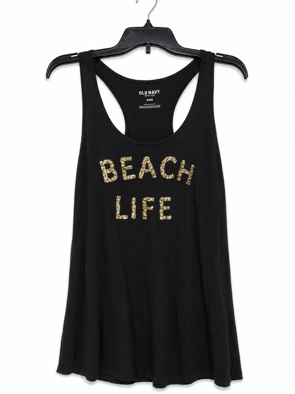 Old Navy Black Racerback Tank with Gold Sequin 'BEACH LIFE' Size Medium